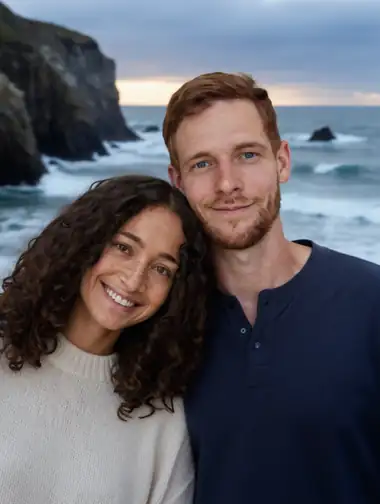 AI-created engagement portrait at the coast